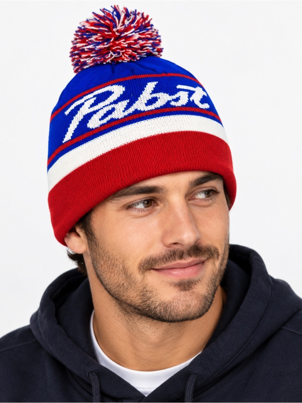PBR Pabst Blue Ribbon Beer Toque Beanie Snow Hat USA Colors Pom Pom
